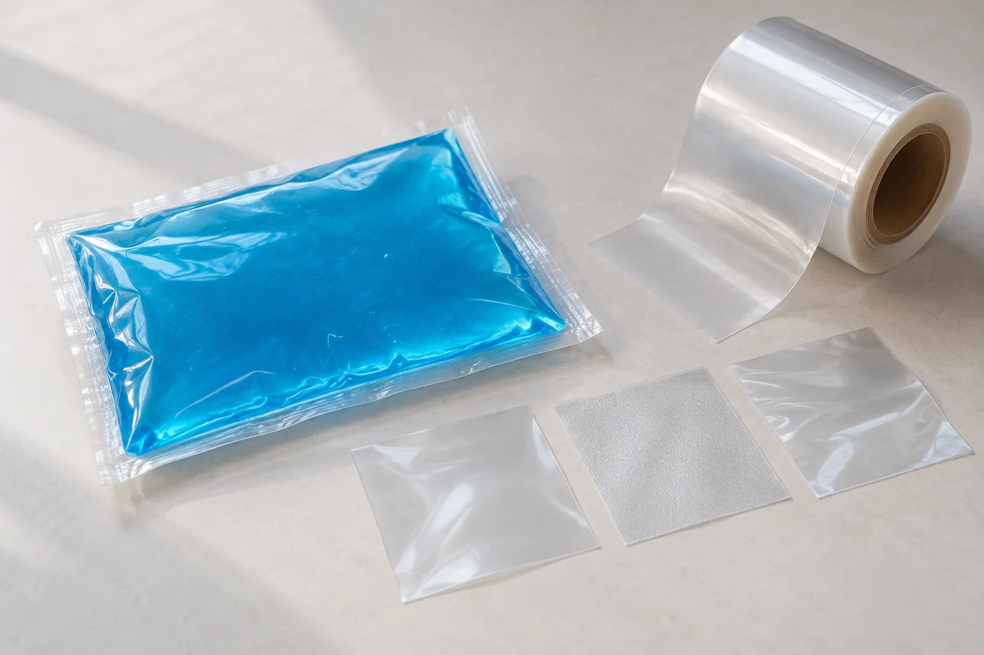 Blue gel pouch beside a clear film roll and three film swatches on a neutral tabletop