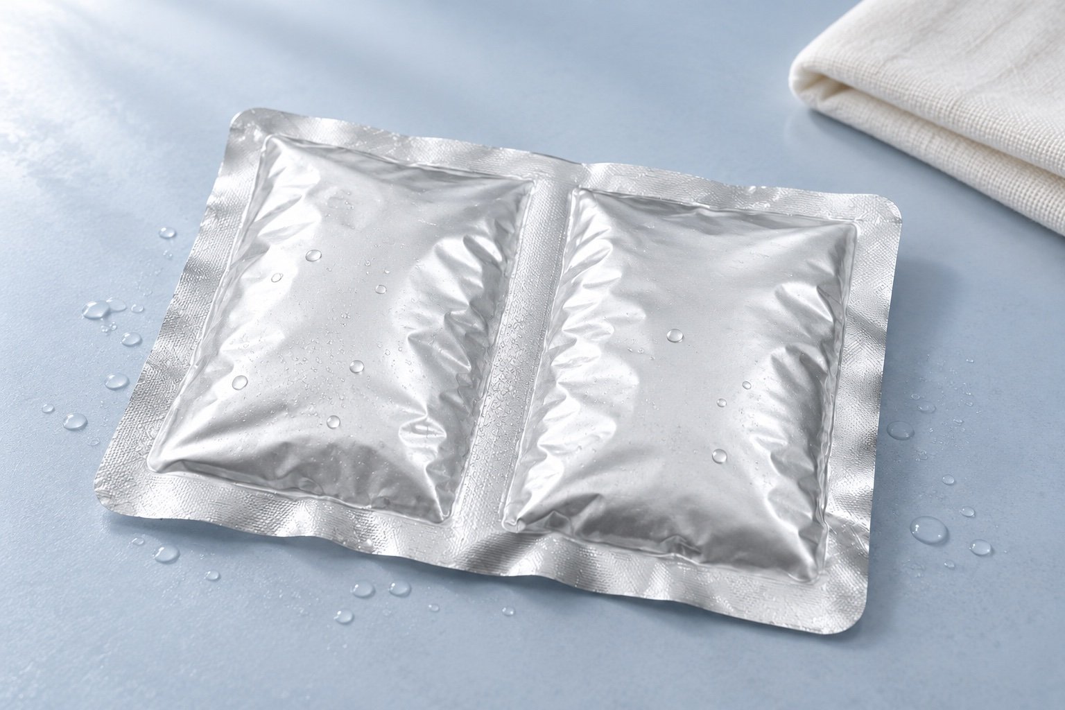 Silver dual-cell pouch with small exterior water droplets on a blue-gray tabletop beside a folded cloth