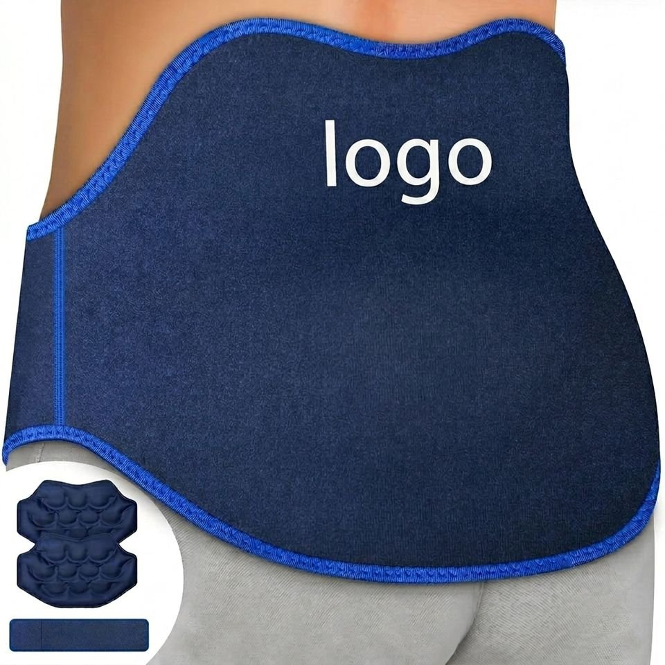 Dark blue contoured lower-back wrap with a logo placement example and gel pack components