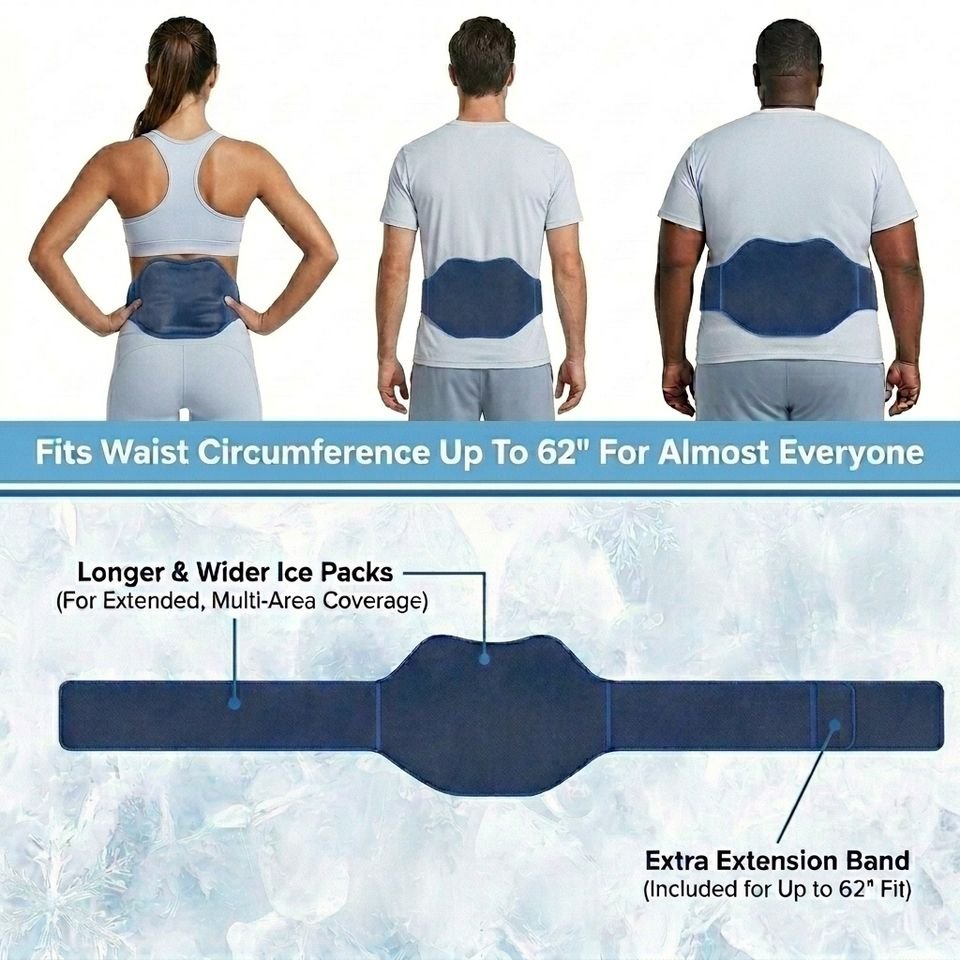 Dark blue lower-back wrap shown on three models and laid flat with an extension strap