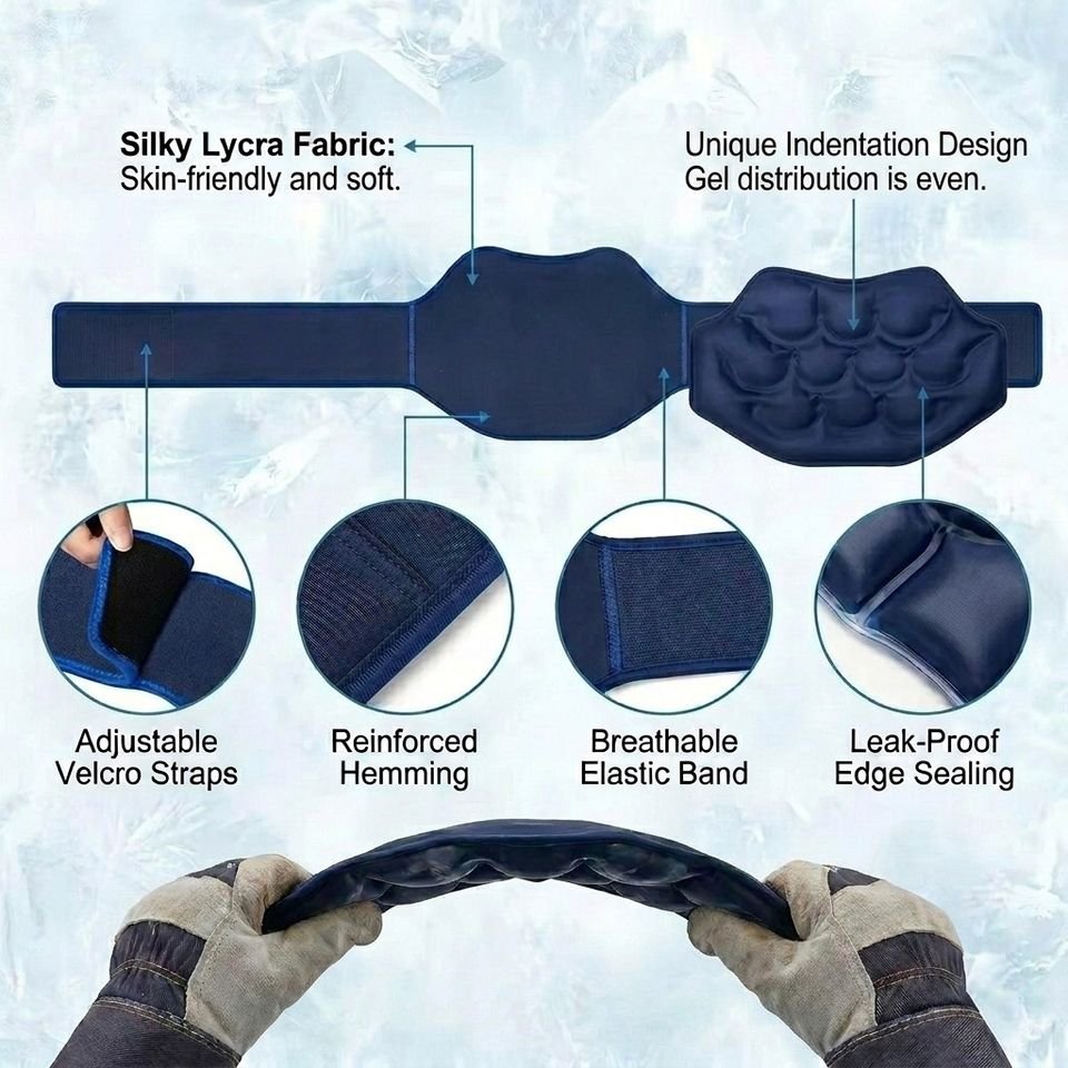 Contoured lower-back wrap infographic showing fabric, fastening and gel pack surface details