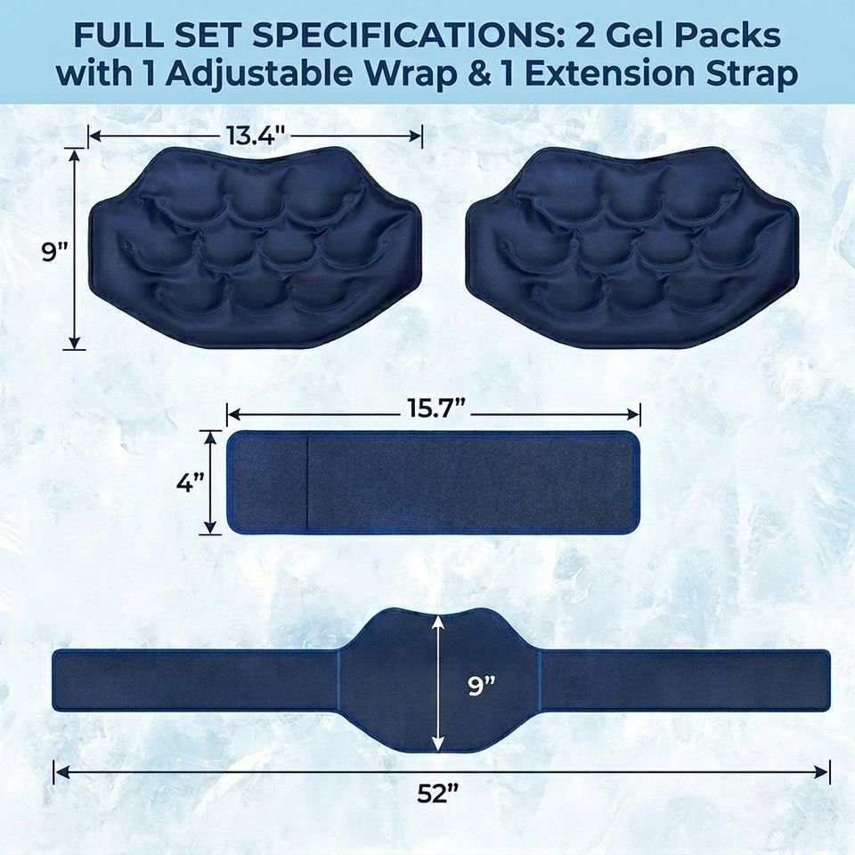 Component diagram showing two contoured gel packs, a waist wrap and a separate extension strap