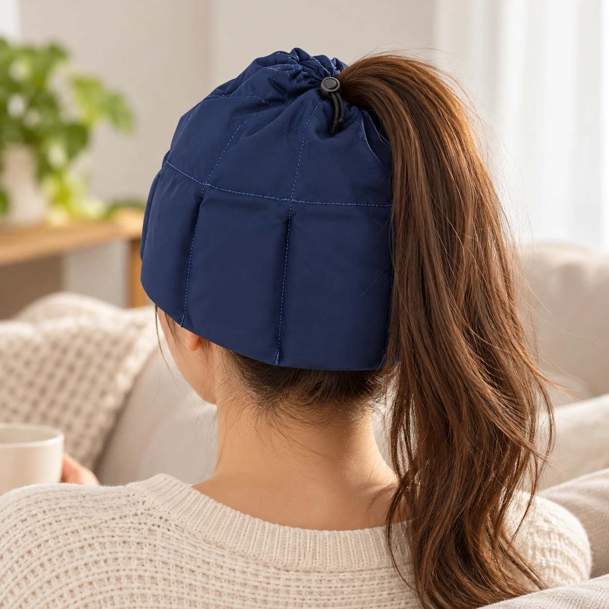 Adult wearing a navy head wrap with a ponytail passing through its opening