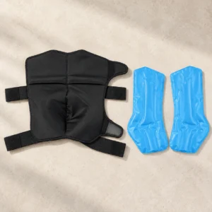 Opened black equine leg wrap beside blue shaped gel inserts