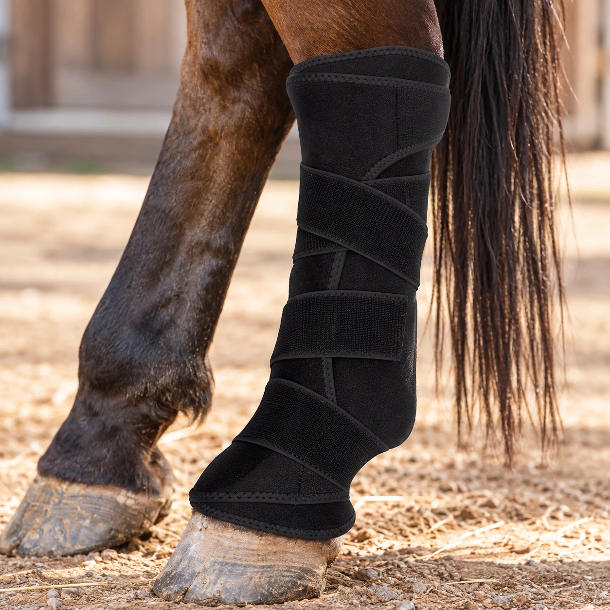 Horse wearing a long black wrap on one lower hind leg
