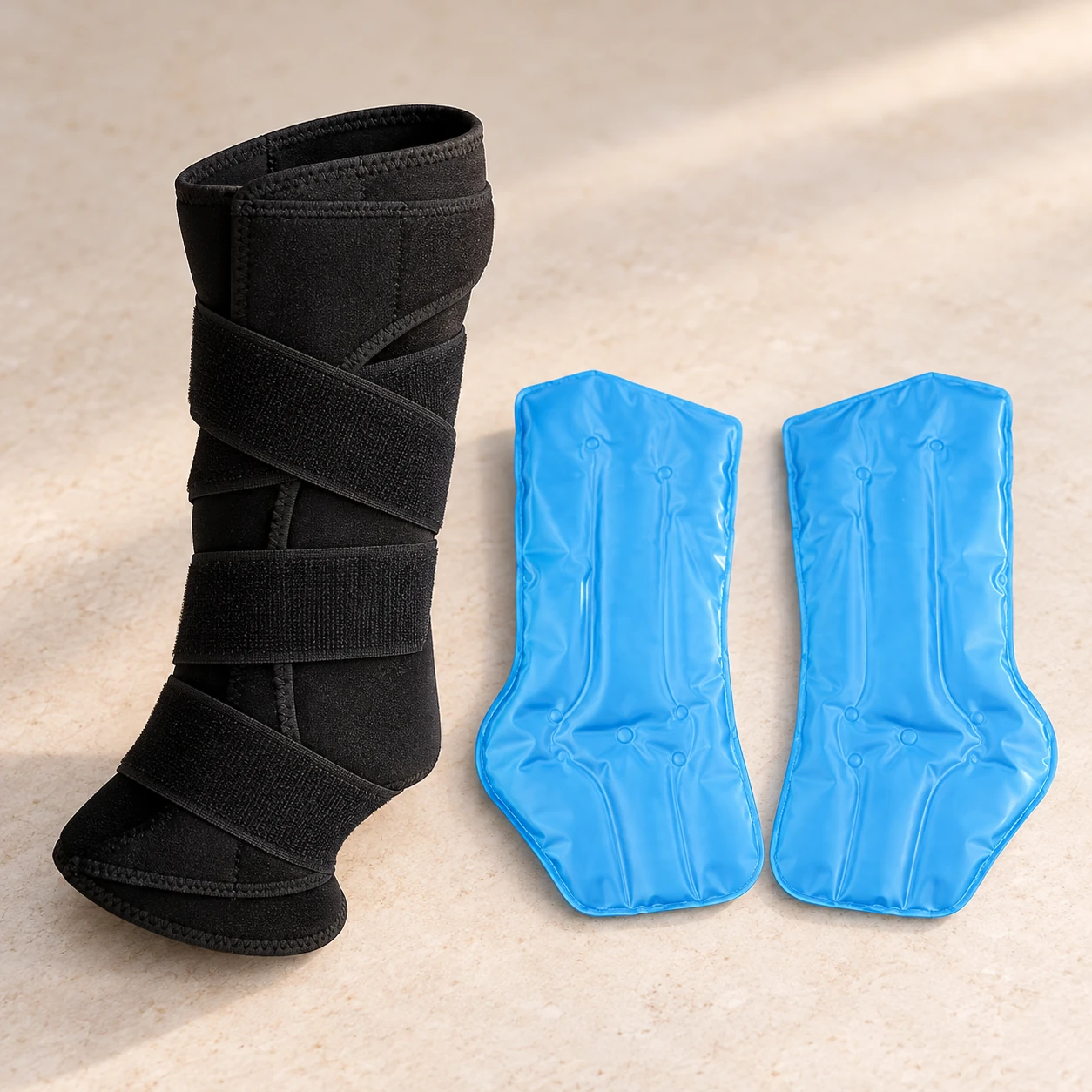 Black equine wrap formed upright beside its shaped blue inserts