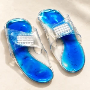 Pair of blue gel cooling slippers with clear adjustable straps