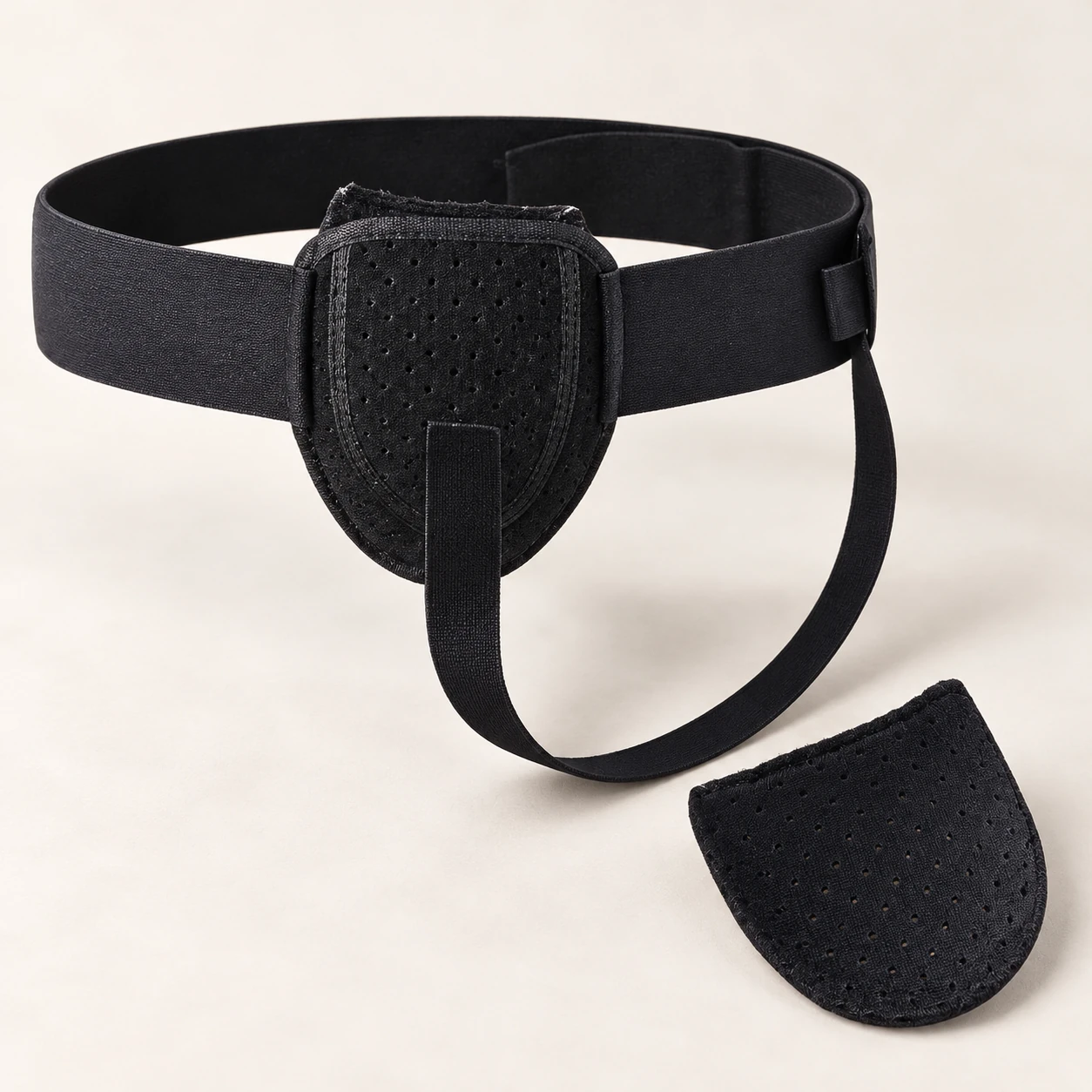 Black groin pack belt with a shaped front pocket, leg return loop and separate insert