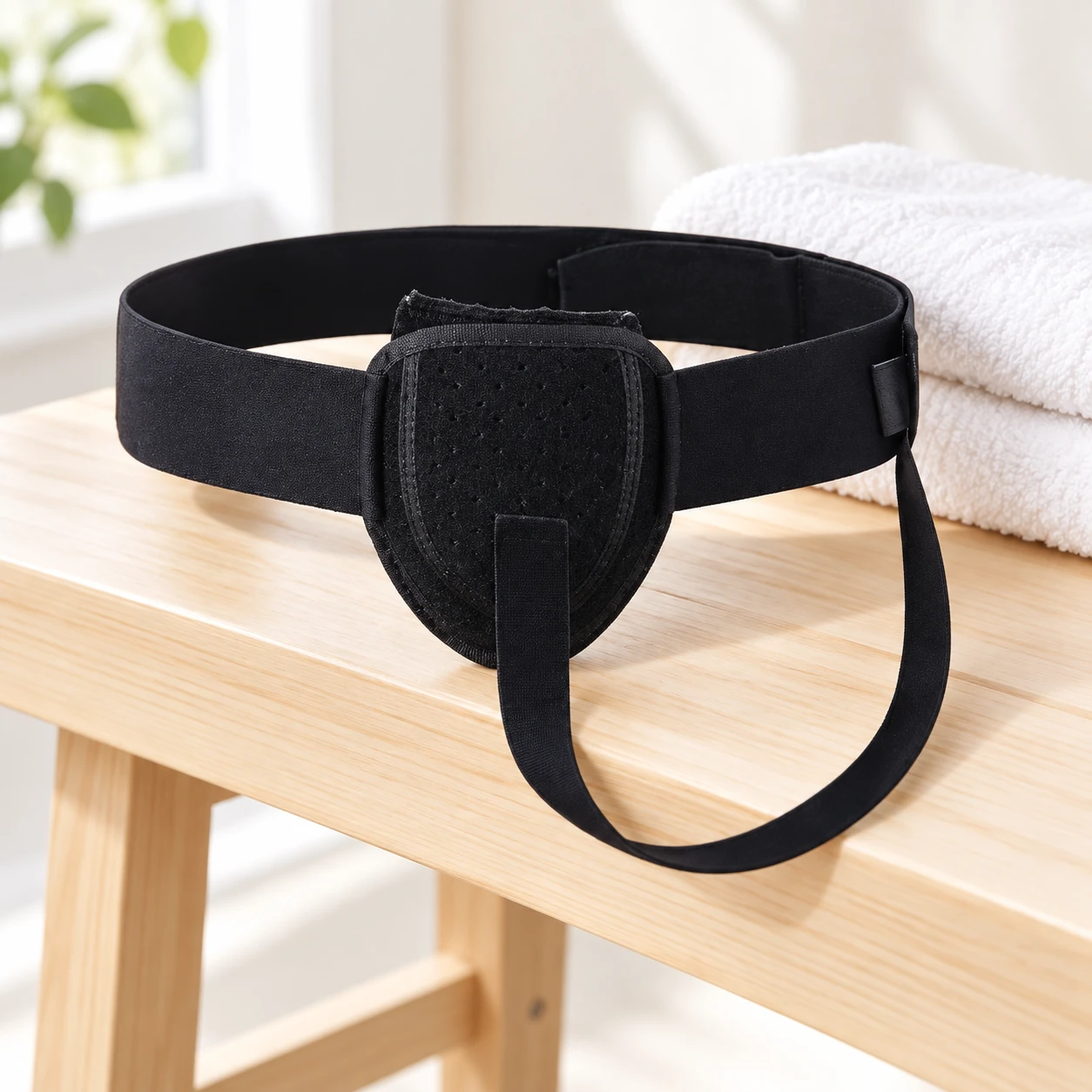 Black waist-and-leg pack belt on a pale wooden bench beside a folded cotton towel