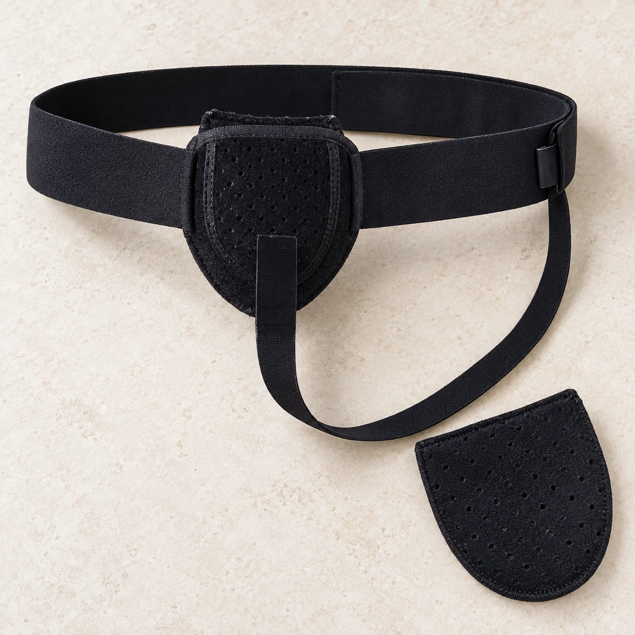 Black belt carrier laid flat beside its shaped gel insert