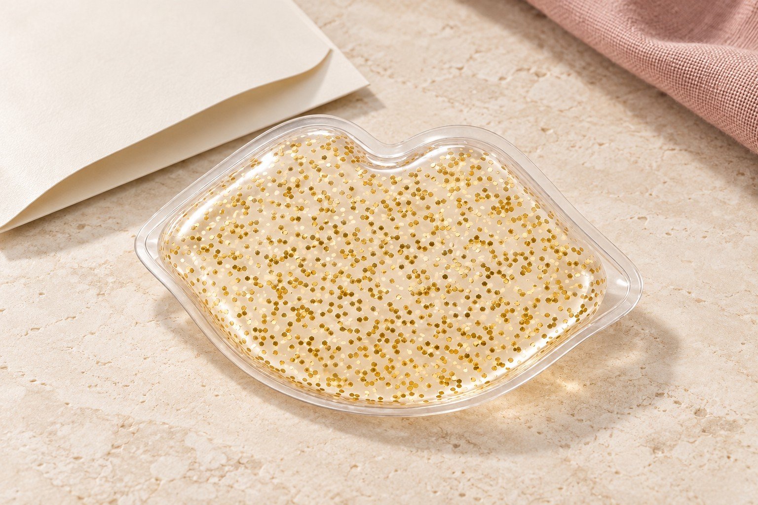 Clear lip-shaped gel pouch with small gold glitter pieces on a pale stone counter beside blank paper and linen props
