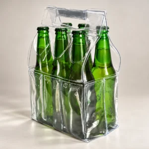 Clear gel cooling carrier holding six unbranded green glass bottles