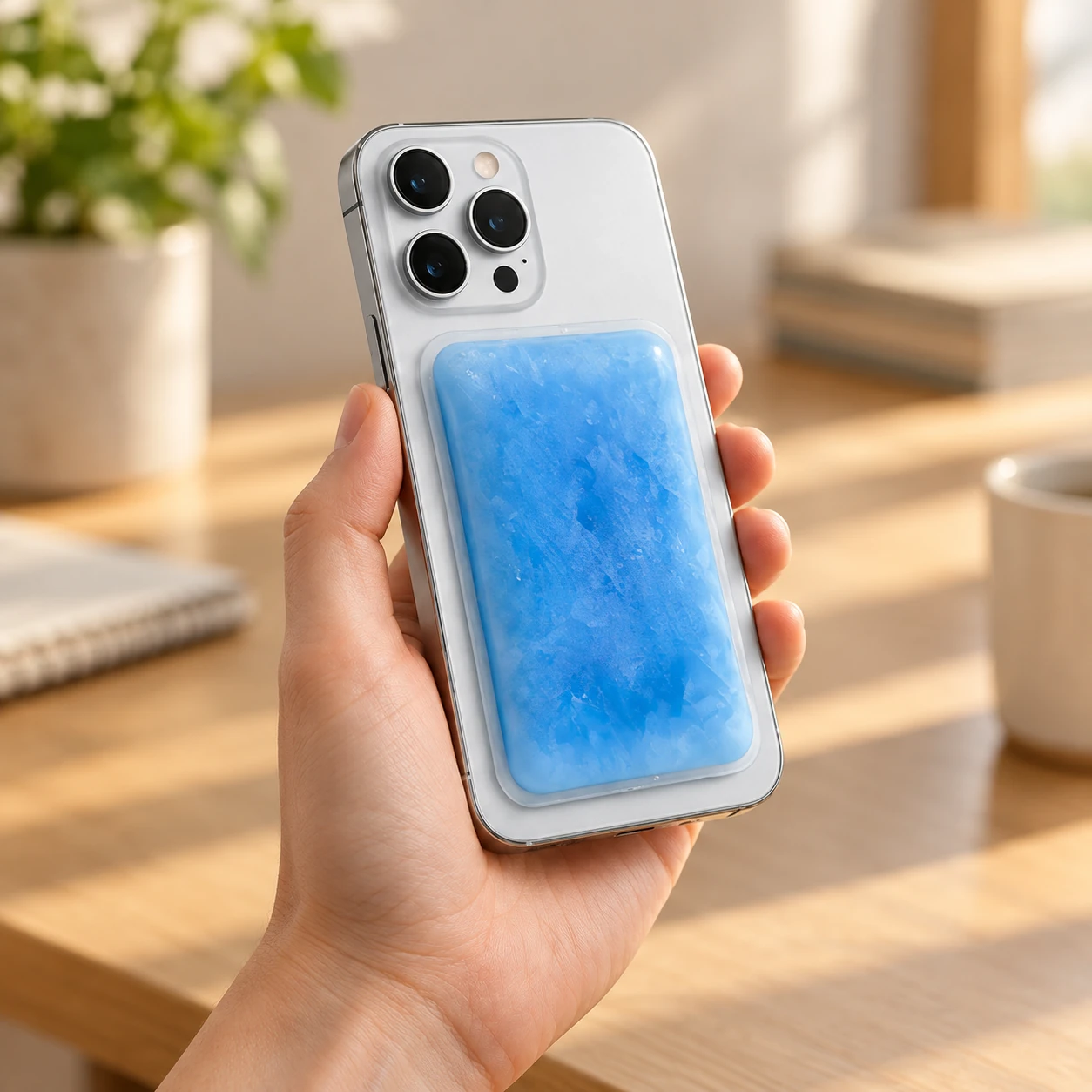 Hand holding a silver phone with a blue cooling pack below its camera