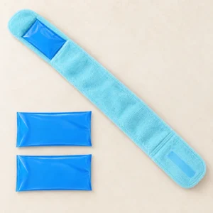 Light cyan pocketed scarf beside flat blue rectangular gel packs