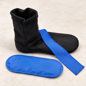 Black pocketed foot sock with a blue crossover band and separate blue gel insert