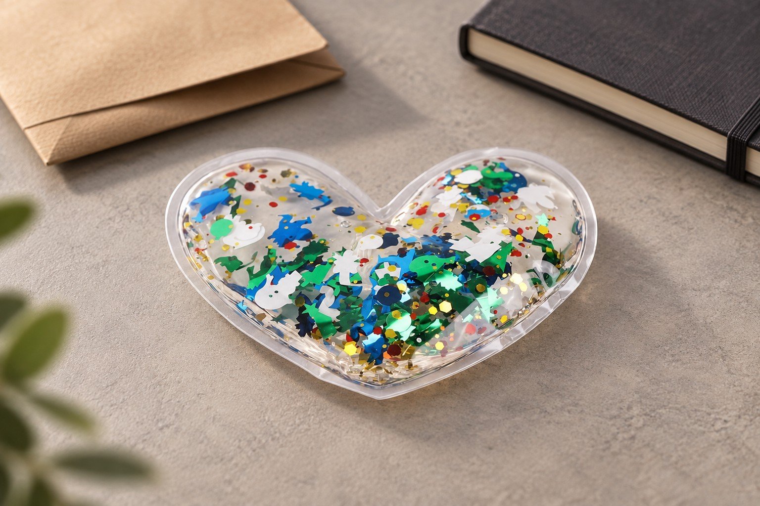 Clear heart-shaped gel pouch with colorful sequins on a gray sample table beside plain paper props
