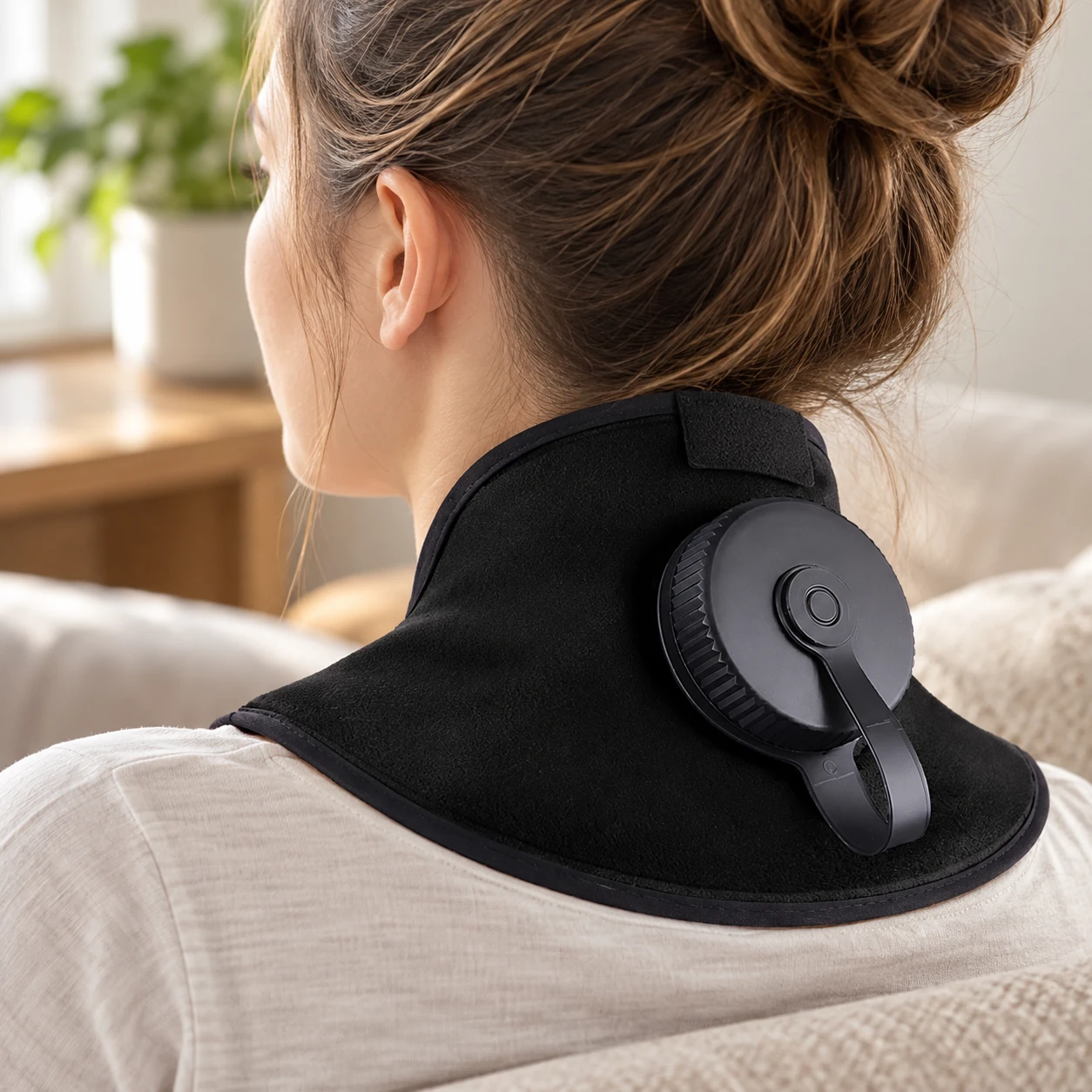 Adult wearing a contoured black refillable neck wrap with a side cap
