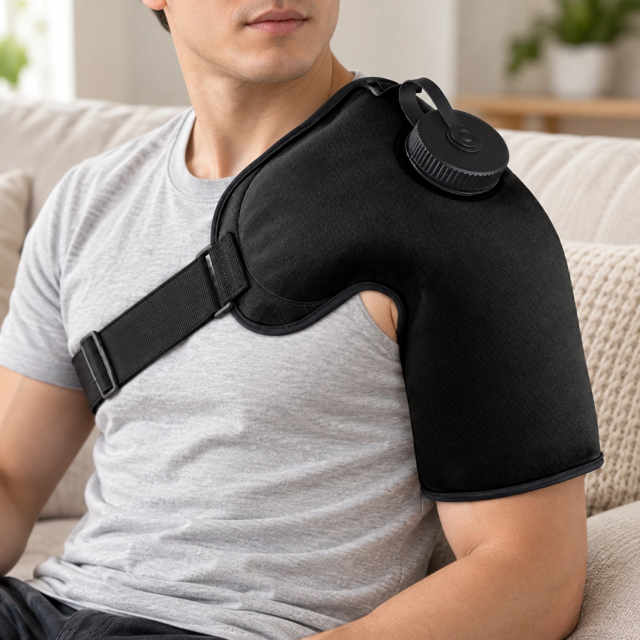 Adult wearing a black refillable shoulder wrap over a light gray shirt