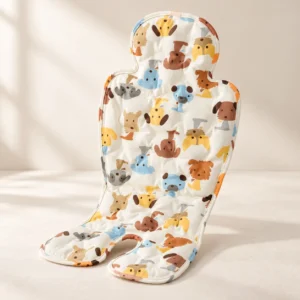 Animal-print contoured stroller cooling seat pad on a neutral surface