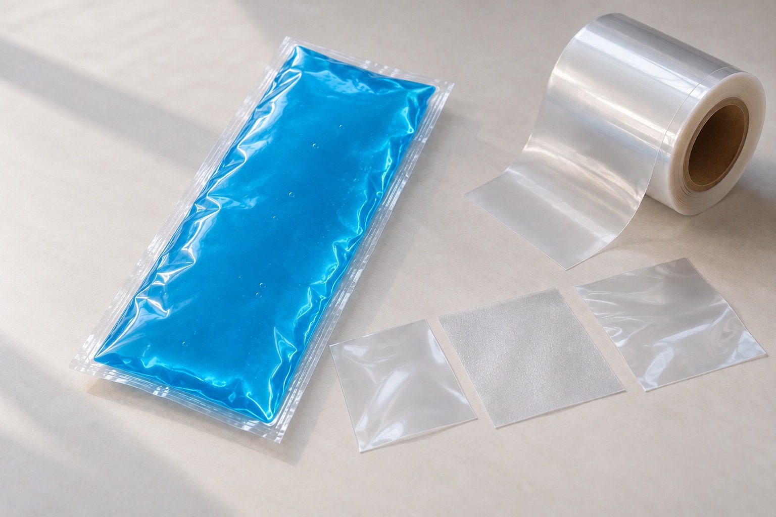 Long blue gel pouch beside a clear film roll and three loose film swatches on a pale surface
