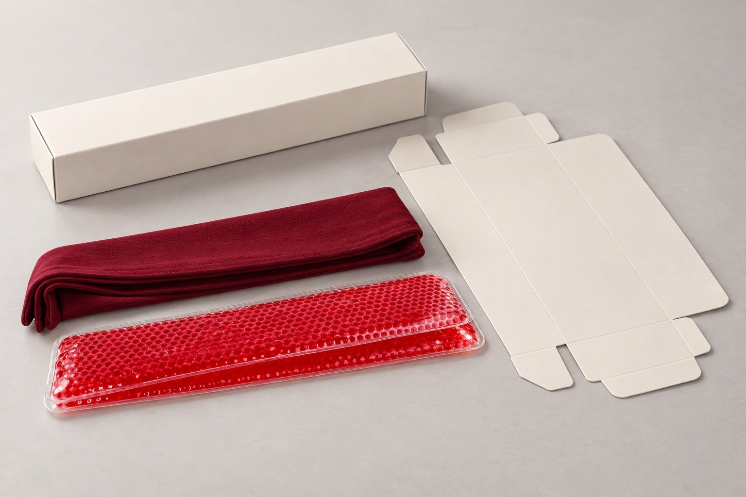 Long red gel-bead pad and burgundy sleeve beside a long ivory carton and unprinted carton blank