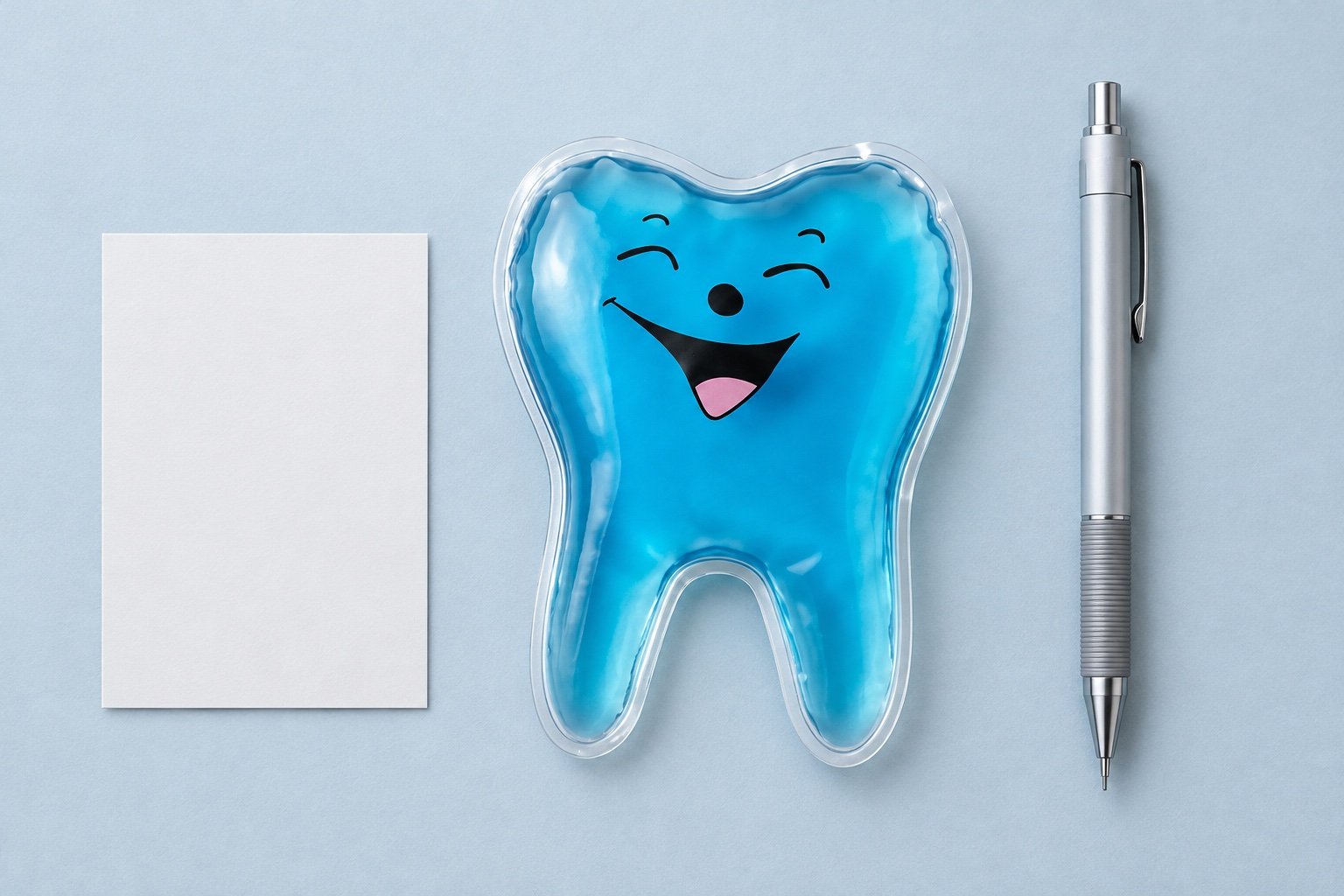 Blue tooth-shaped gel pouch beside a mechanical pencil and blank sample card
