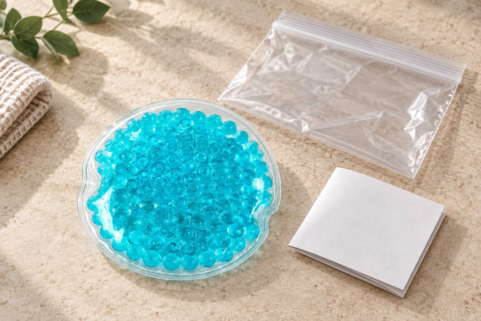 Intact round aqua gel-bead pouch beside a clear containment bag and blank care leaflet
