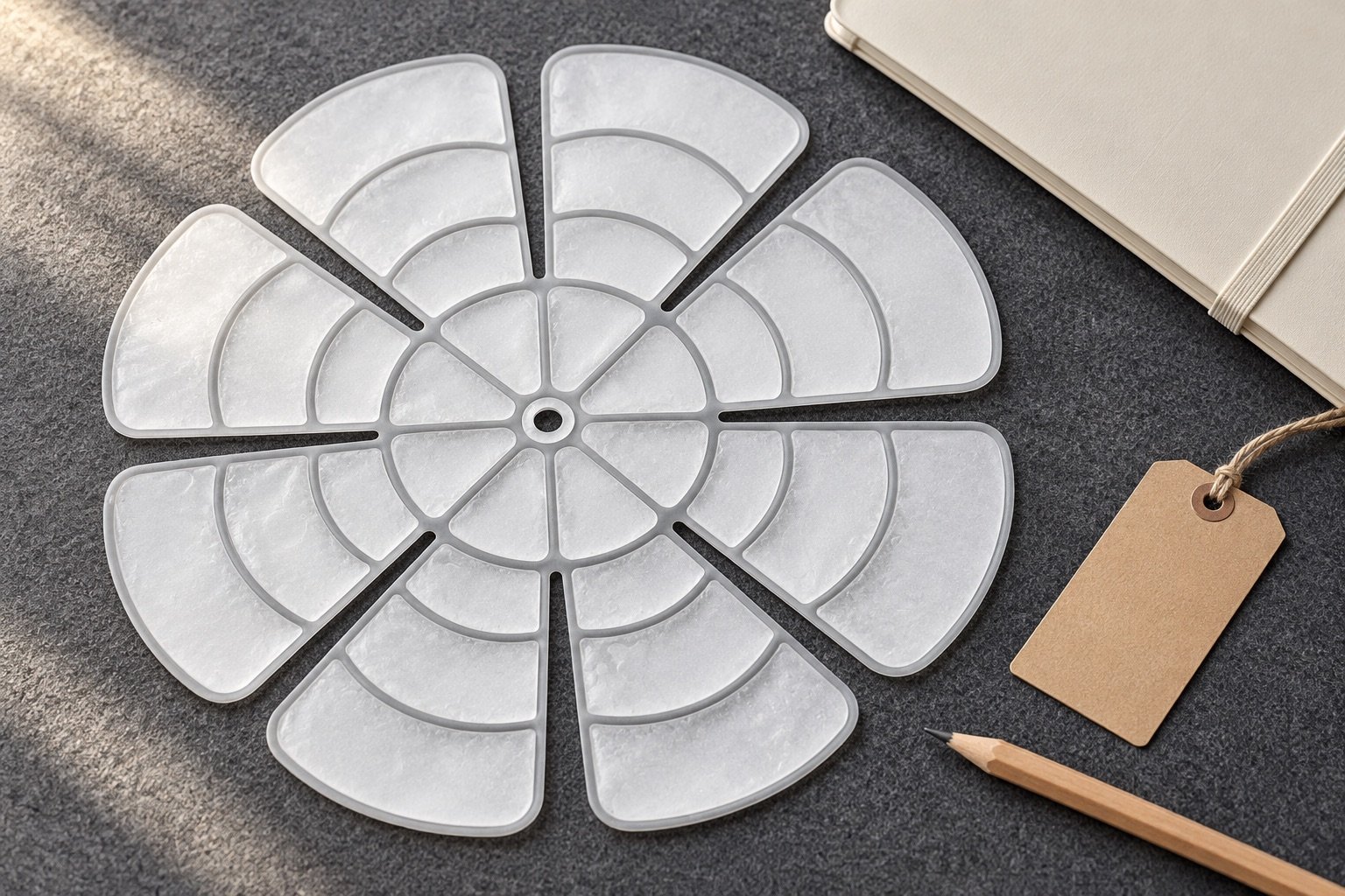 White segmented PCM liner beside an unmarked tag and notebook