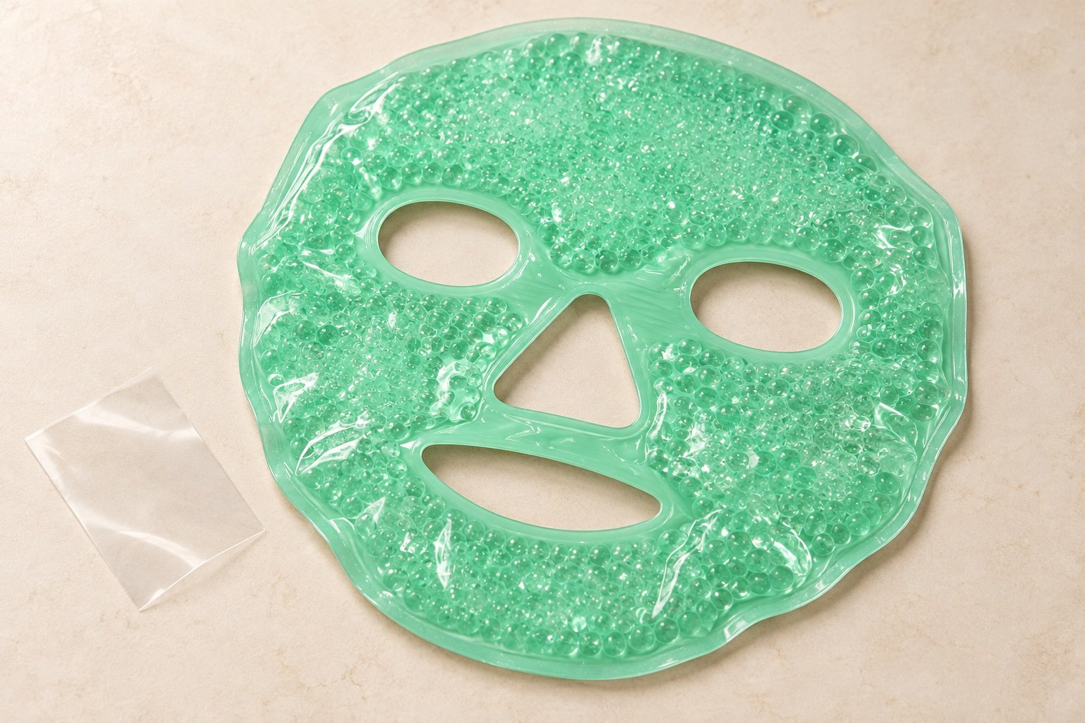 Mint-green gel-bead face mask with eye, nose and mouth openings and a visible sealed outer edge