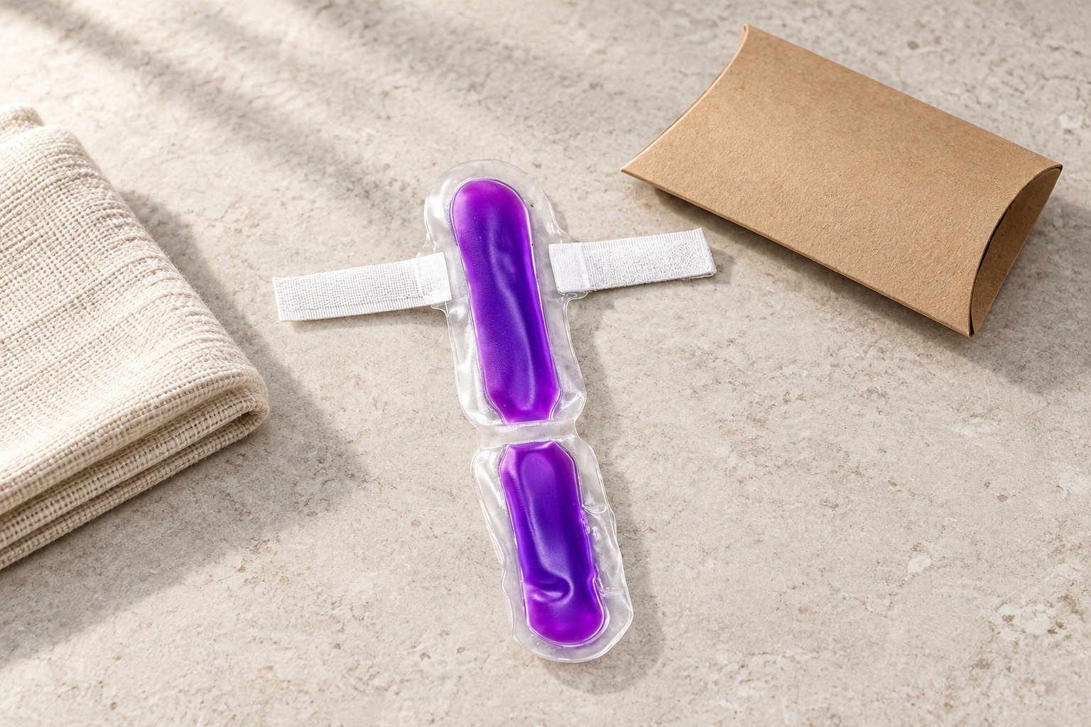 Purple finger gel pouch with a white fastening strap beside a blank retail sleeve
