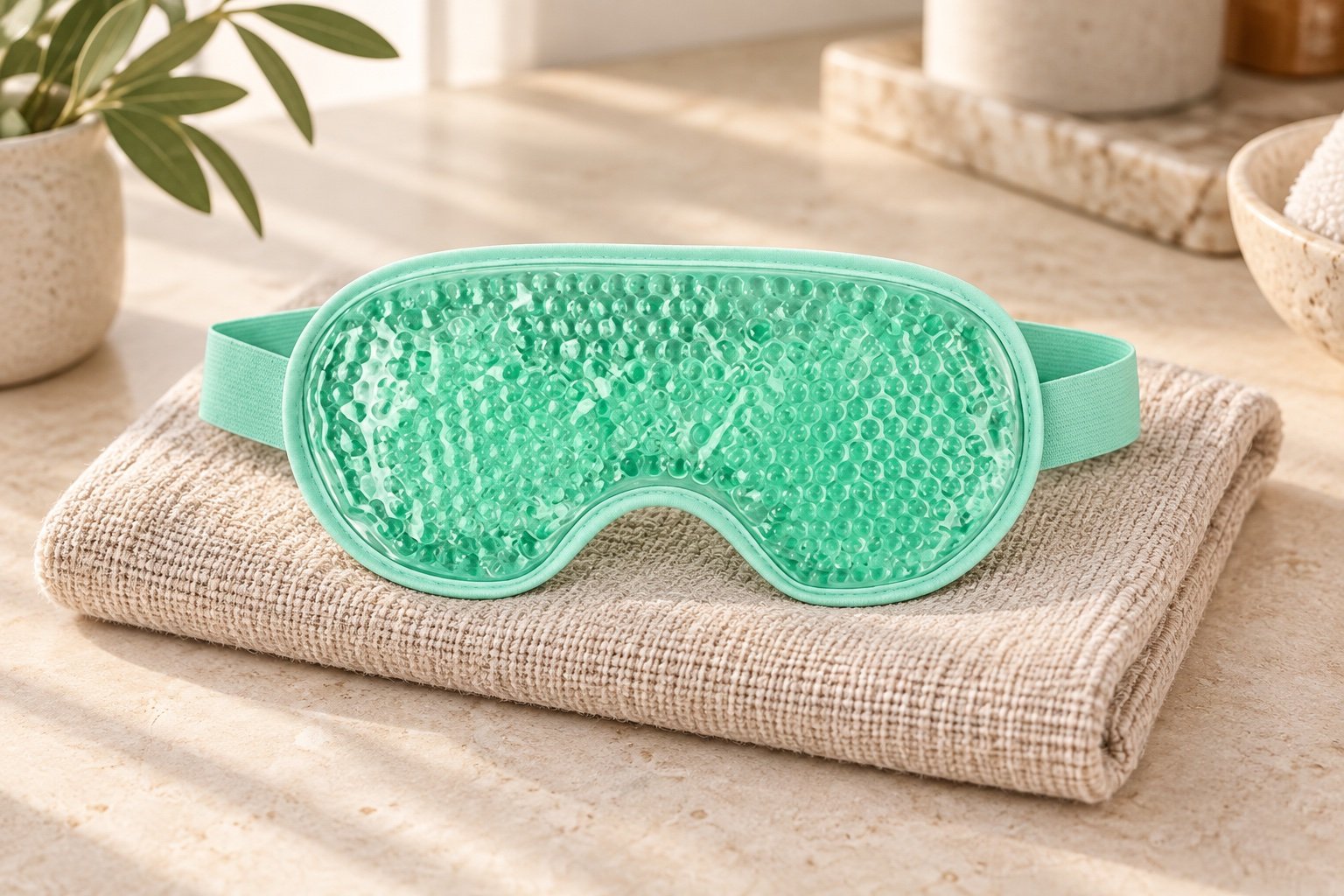Mint-green gel-bead eye mask with a matching strap resting on a folded oat-colored towel