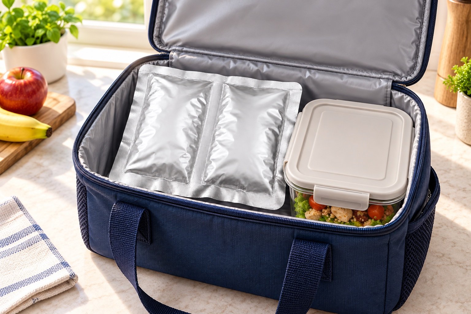 Silver dual-cell pouch beside a closed food container inside a navy insulated cooler