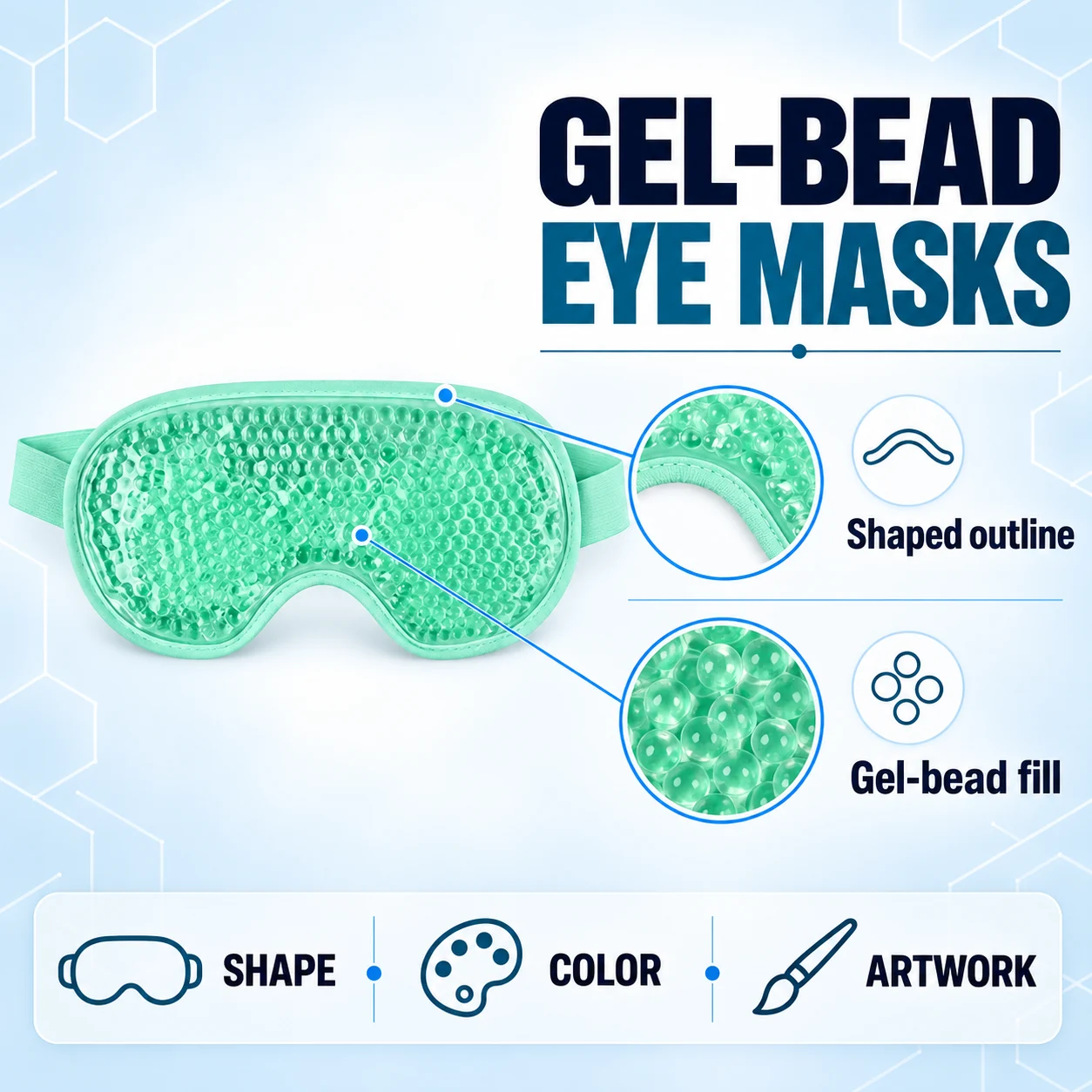 Green gel-bead eye mask with outline and filling detail callouts