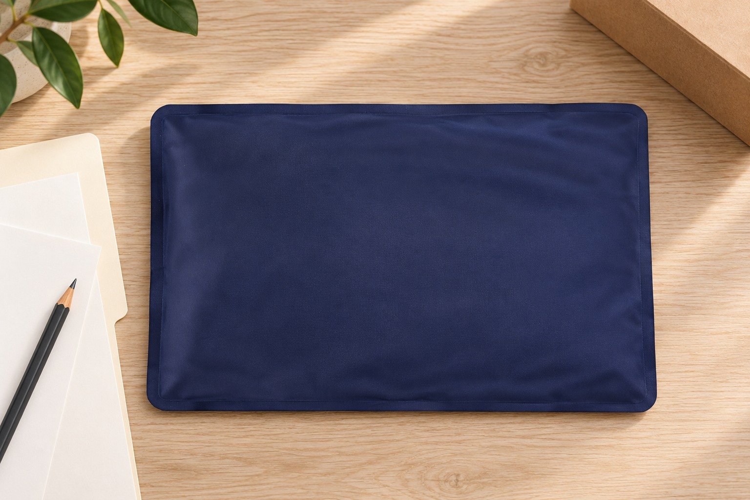 Deep navy rectangular fabric-covered pouch on a wood desk beside a blank folder, papers and pencil