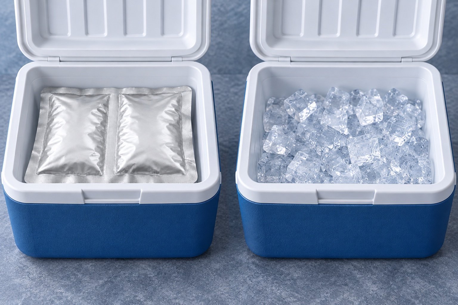 Two open cooler boxes showing a silver dual-cell cooling pack on the left and loose ice cubes on the right