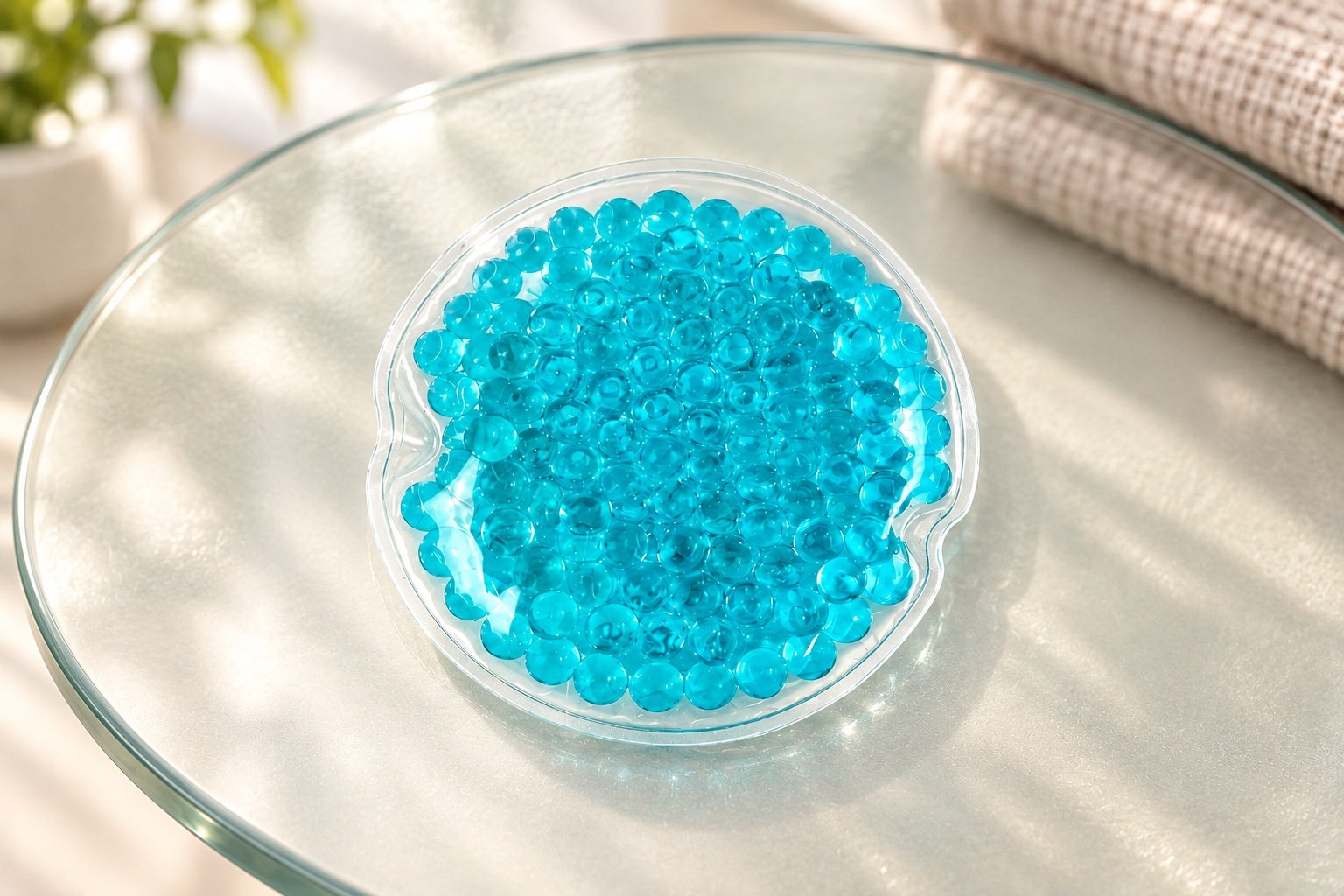Clear round pouch containing aqua-colored gel beads on a glass surface