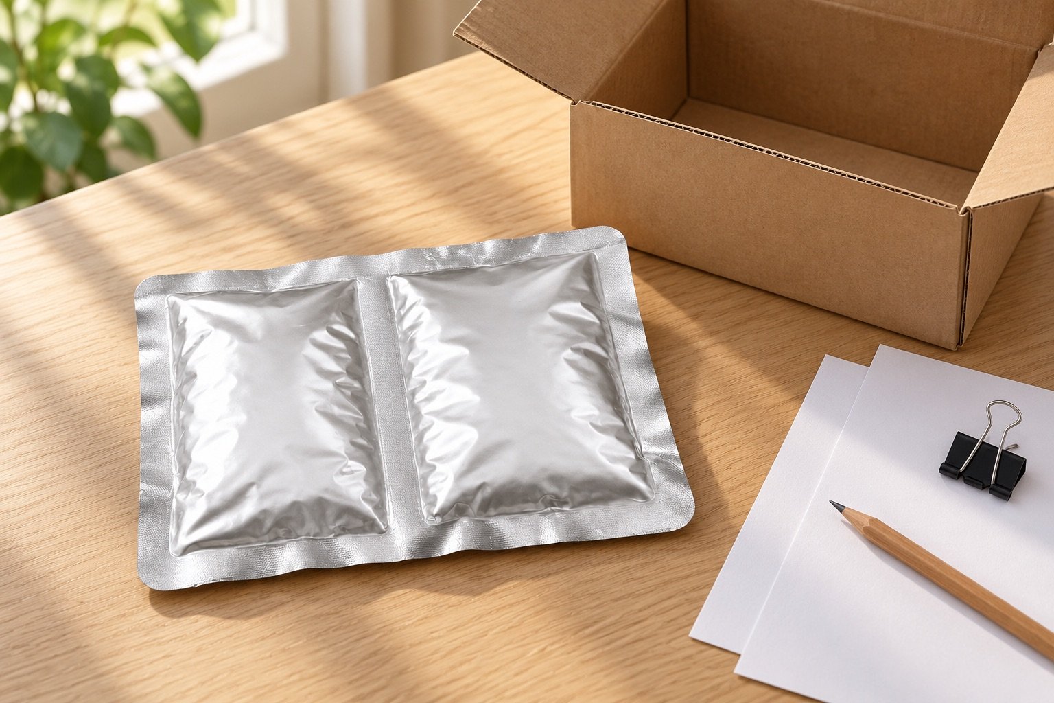 Silver two-cell rectangular cooling pouch beside an open kraft carton, blank sheets and a pencil