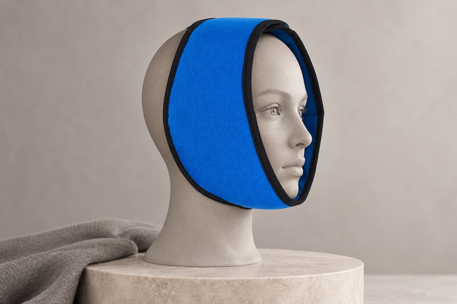 Blue jaw wrap with black edge binding around a neutral adult display head on a stone plinth