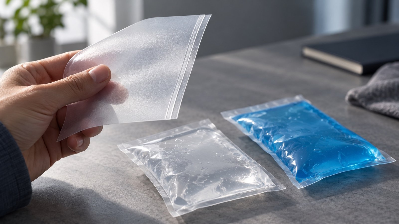 Hand holding a frosted flexible film sample beside two unbranded gel pouches