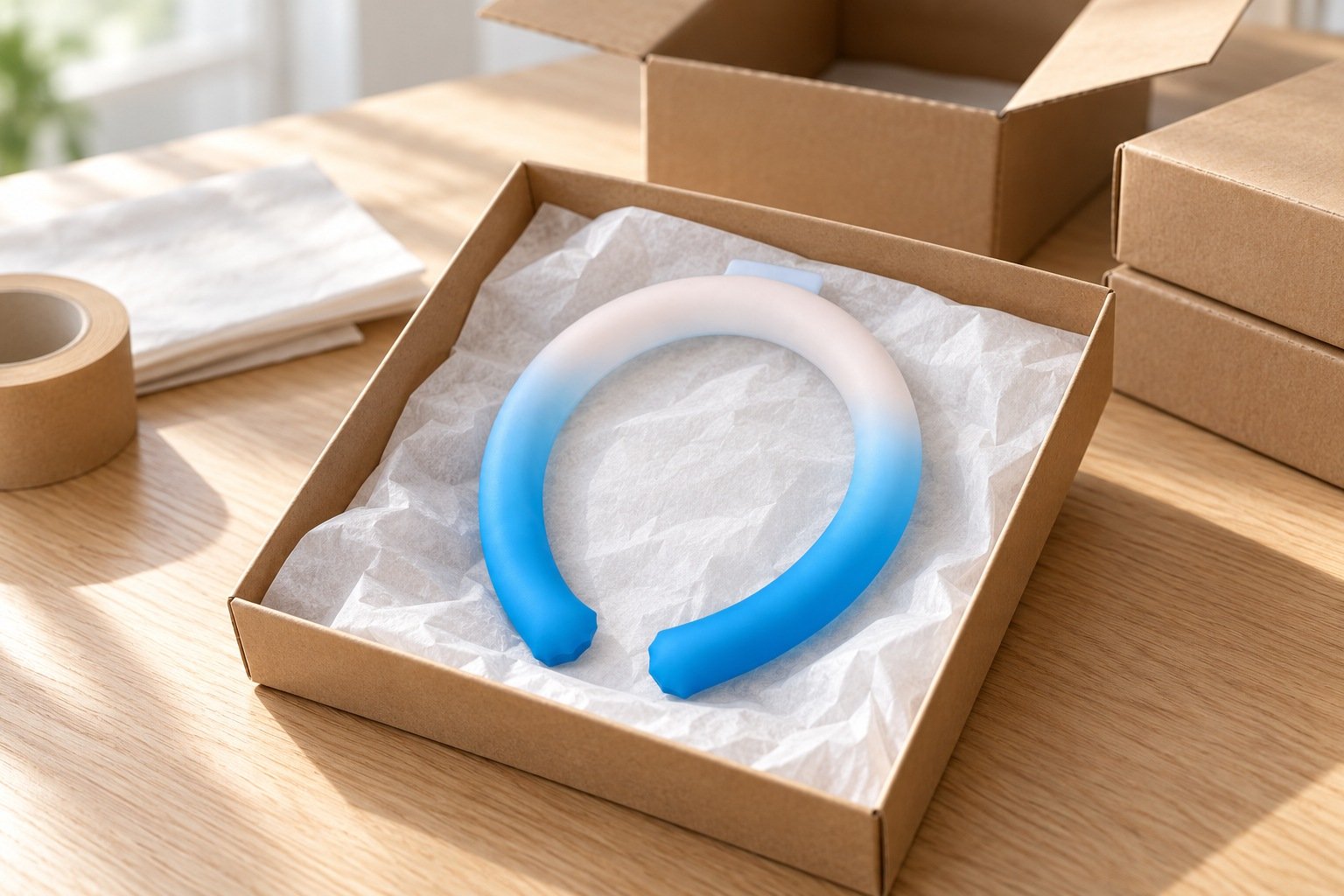Blue and pale neck ring in a tissue-lined kraft tray beside packing tape, blank sheets and shipping cartons
