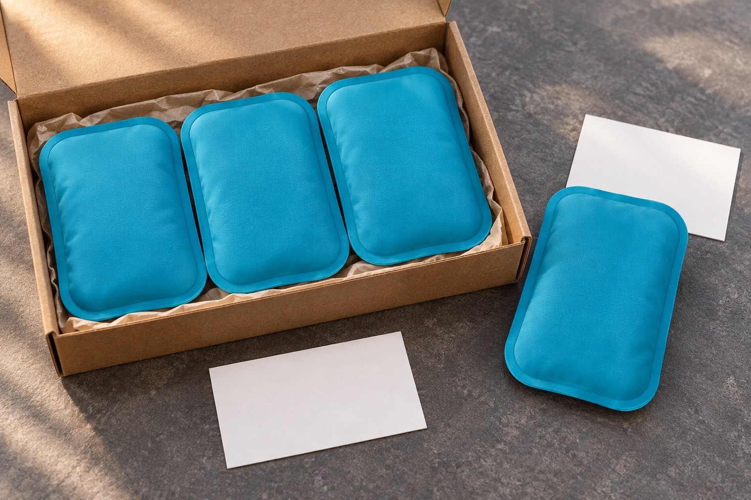 Three teal fabric-surfaced pouches grouped in a carton and a fourth pouch beside a separate blank card