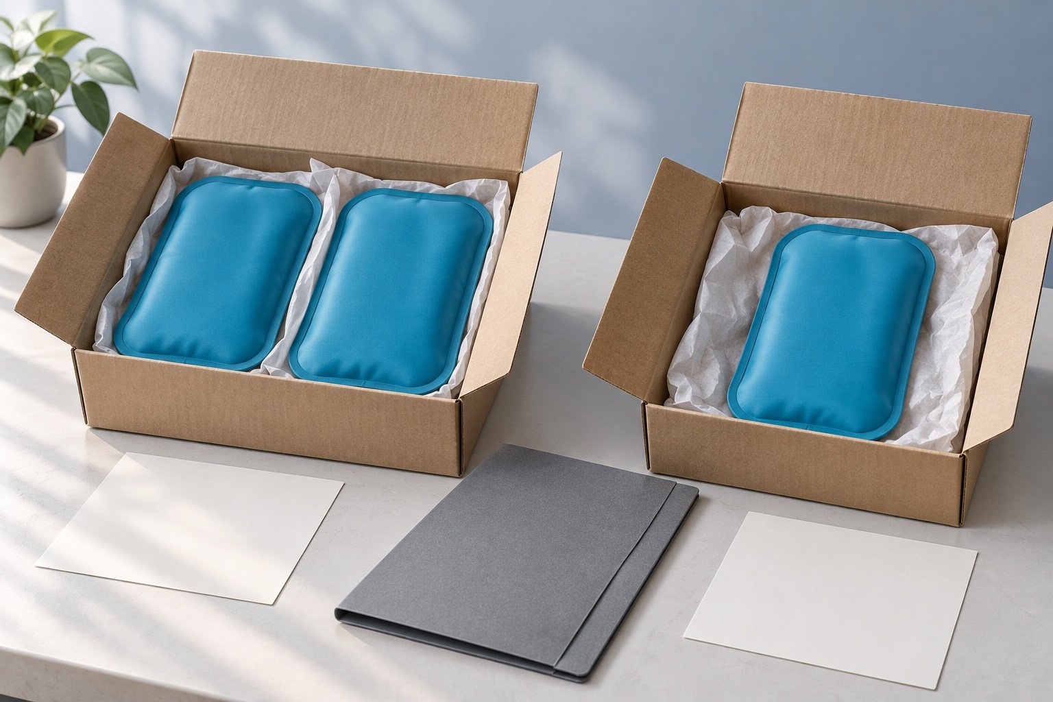 Teal rectangular pouches in two open kraft cartons beside blank sheets and a closed folder