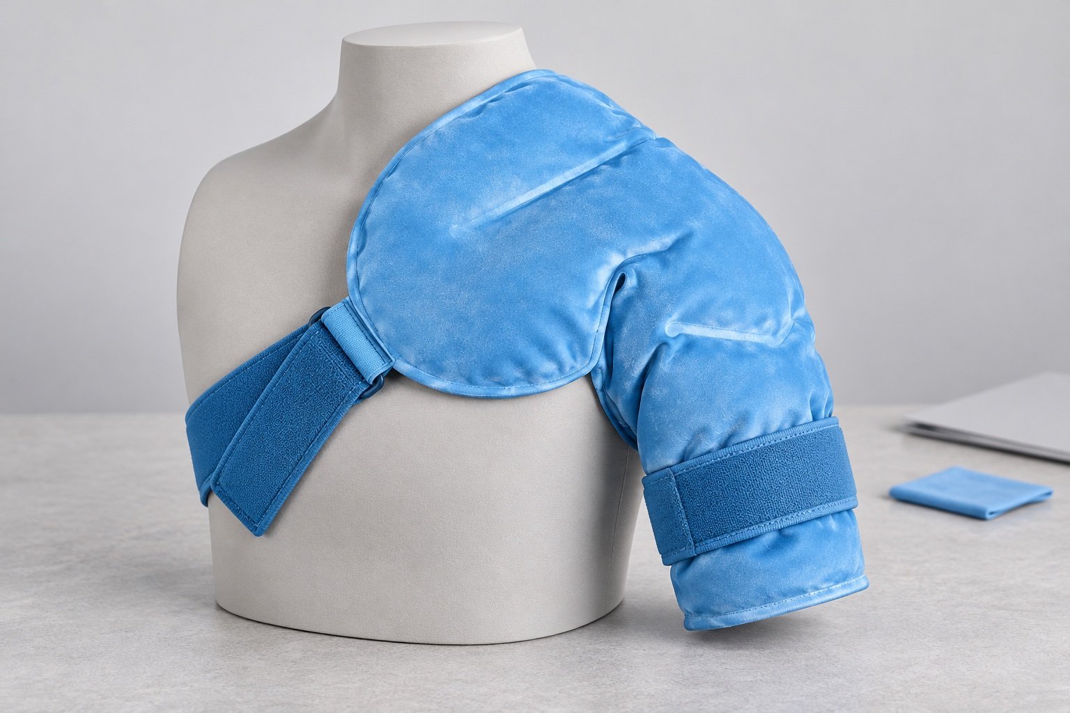 Blue contoured shoulder pouch and fastening straps on a neutral torso form beside a folded blue cloth