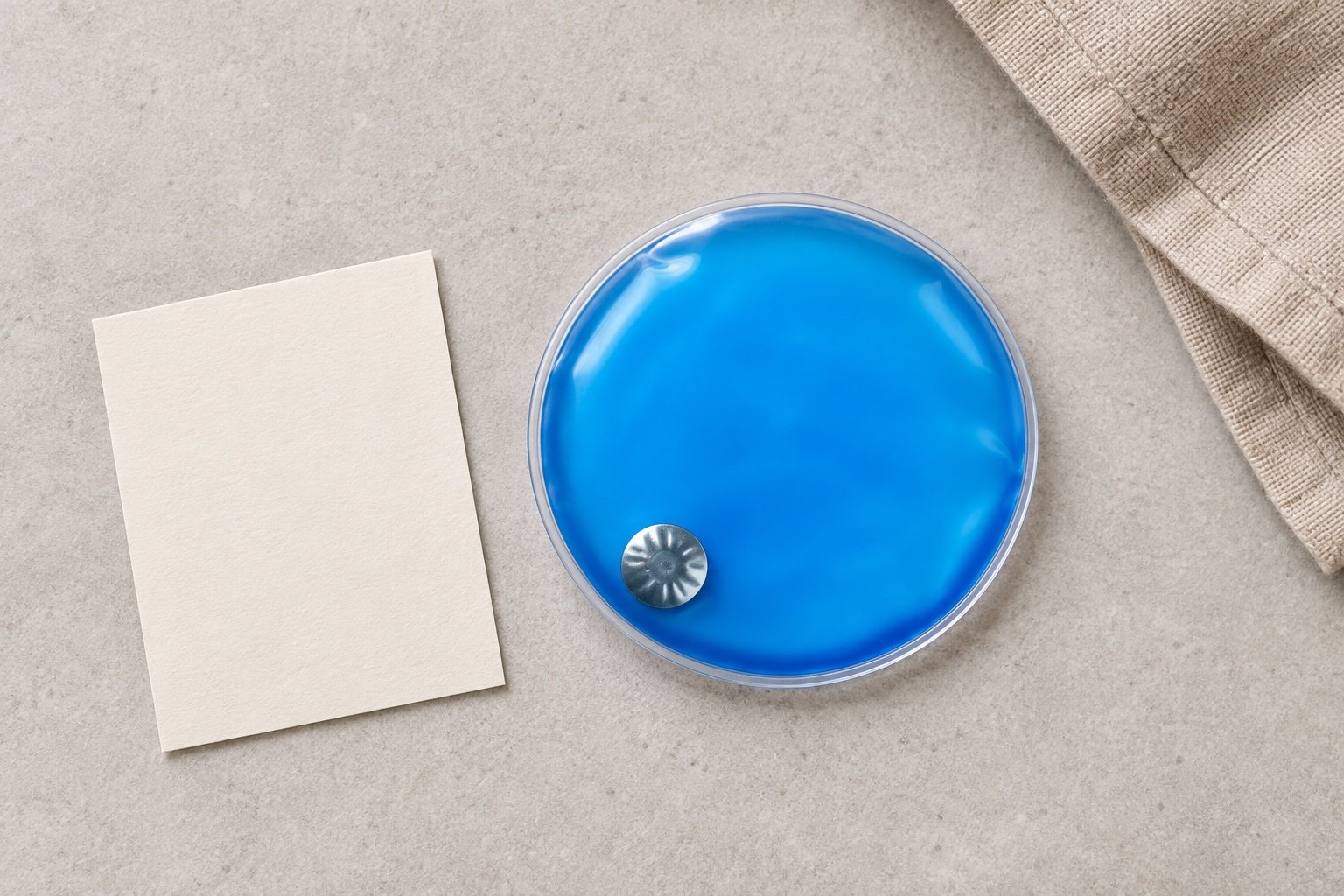 Round blue click-to-heat pouch with one silver activation disc beside a blank sample card