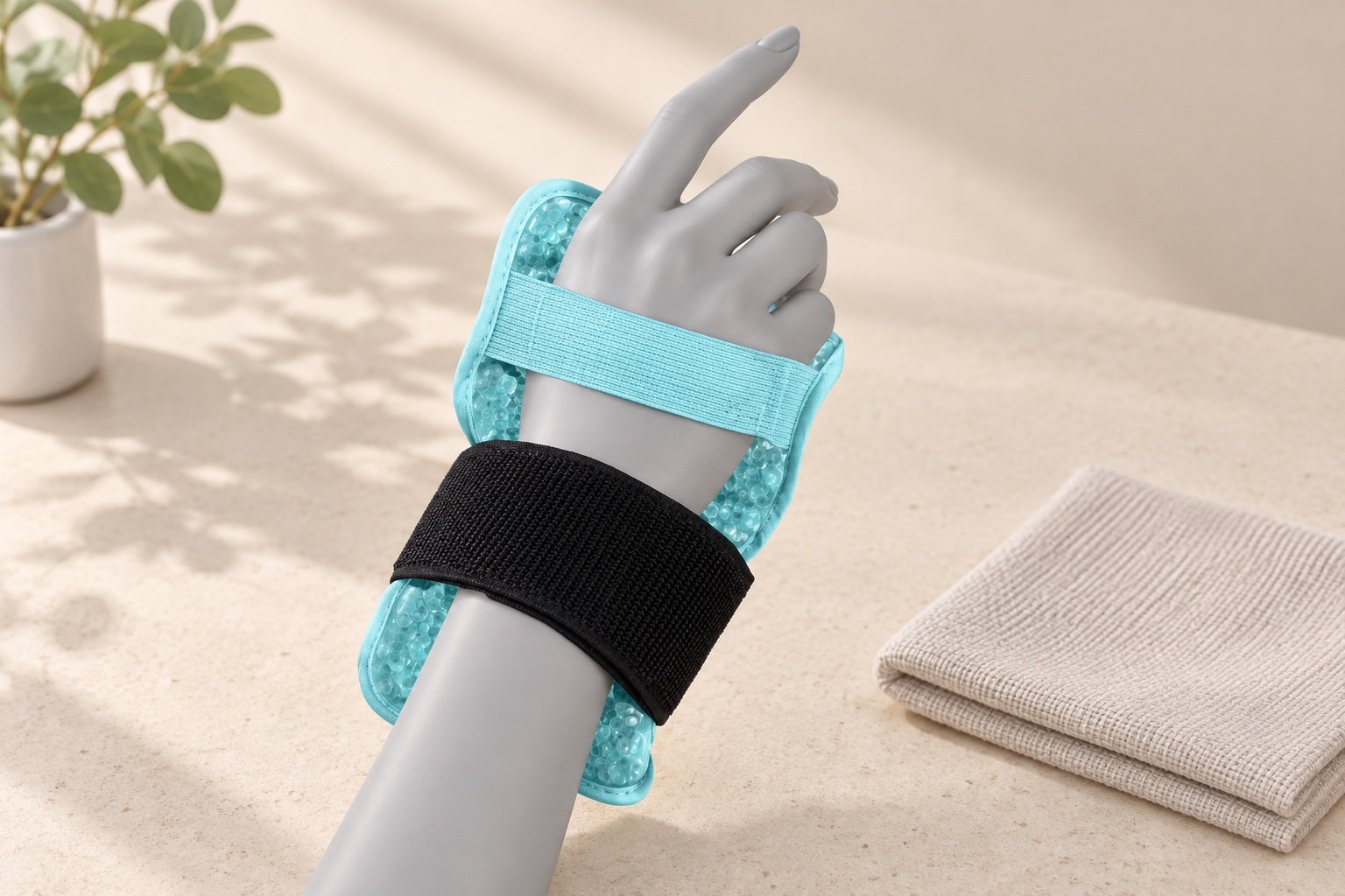 Aqua gel-bead wrist wrap with a mint hand band and black wrist band on a neutral display hand