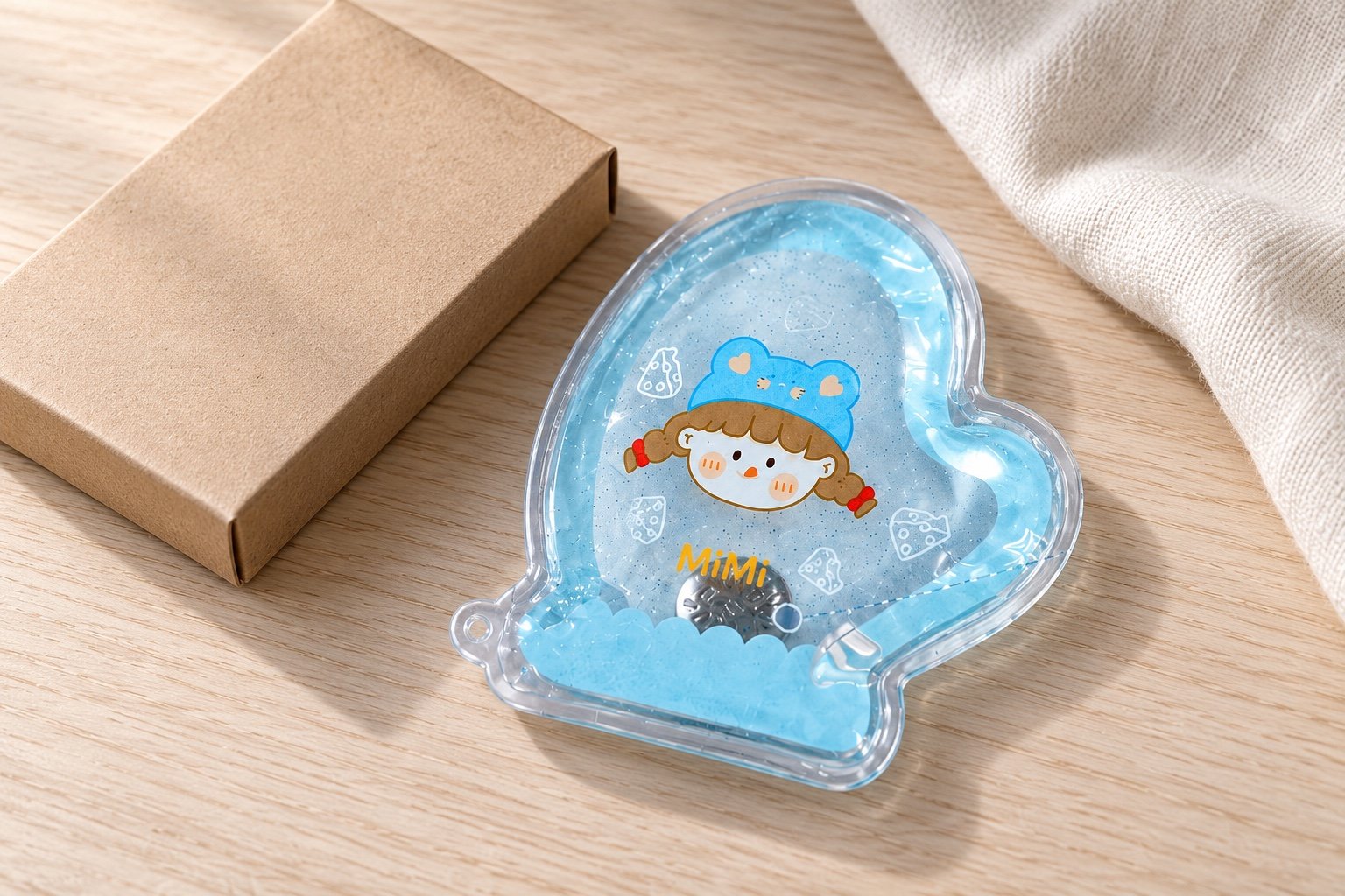 Blue mitten-shaped sealed heat pouch with a metal activation disc beside an unprinted cardboard sleeve