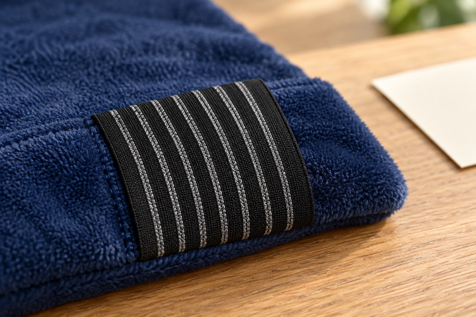 Close view of a black striped fastening band and stitching across a navy plush cover