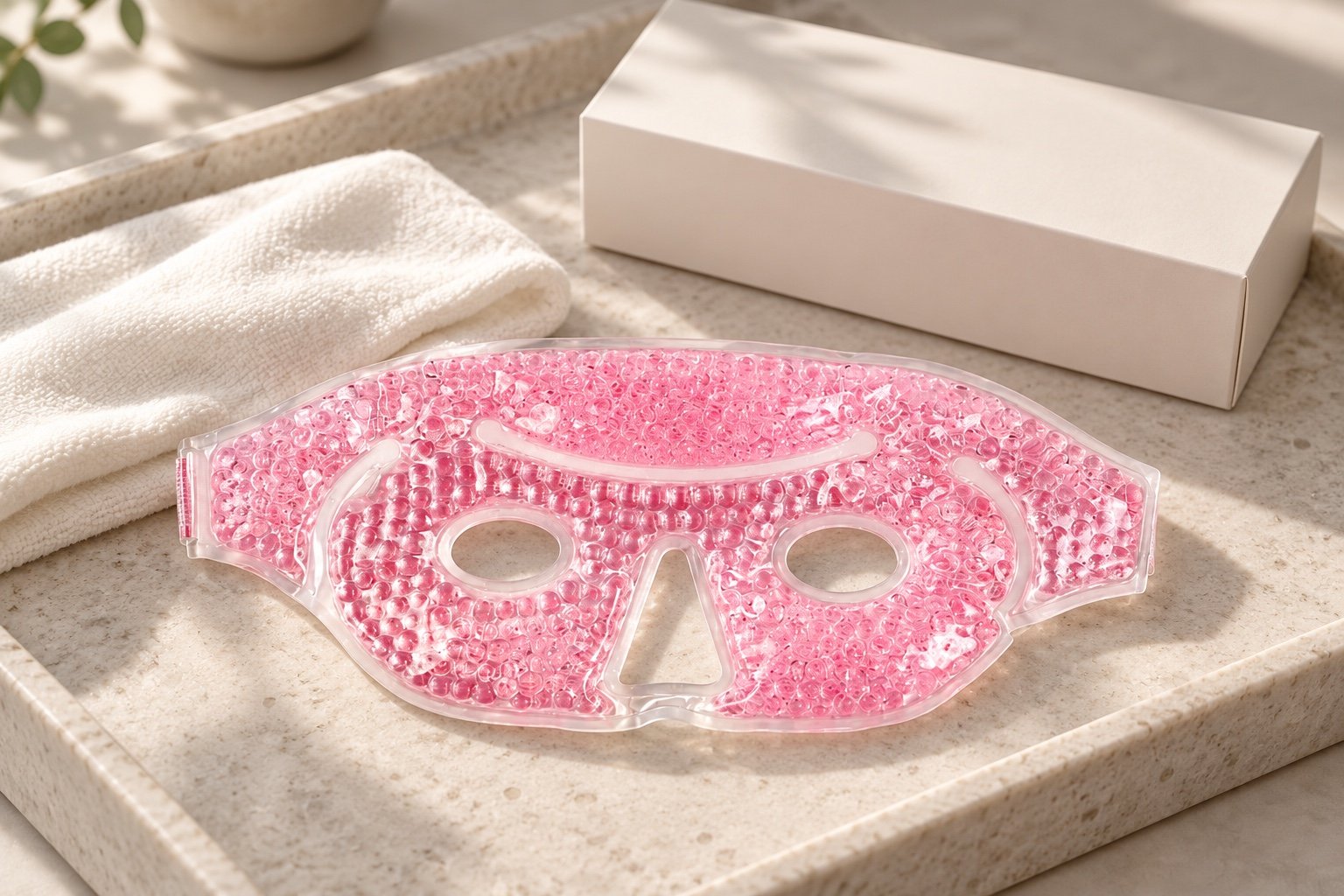 Pink gel-bead mask with two eye openings and a separate nose opening on a stone tray