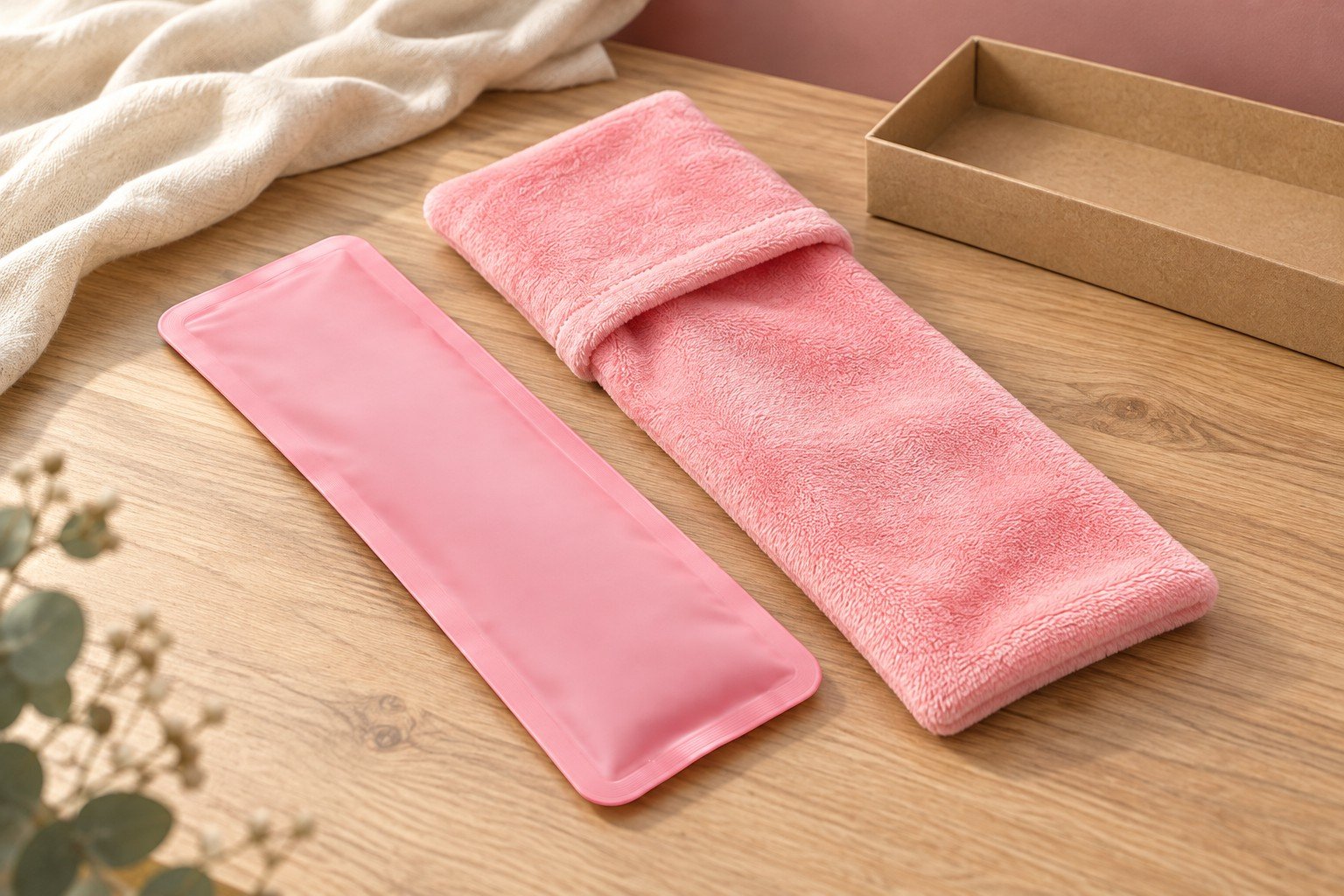 Long pink sealed gel pad beside its matching plush sleeve on a wooden sample table