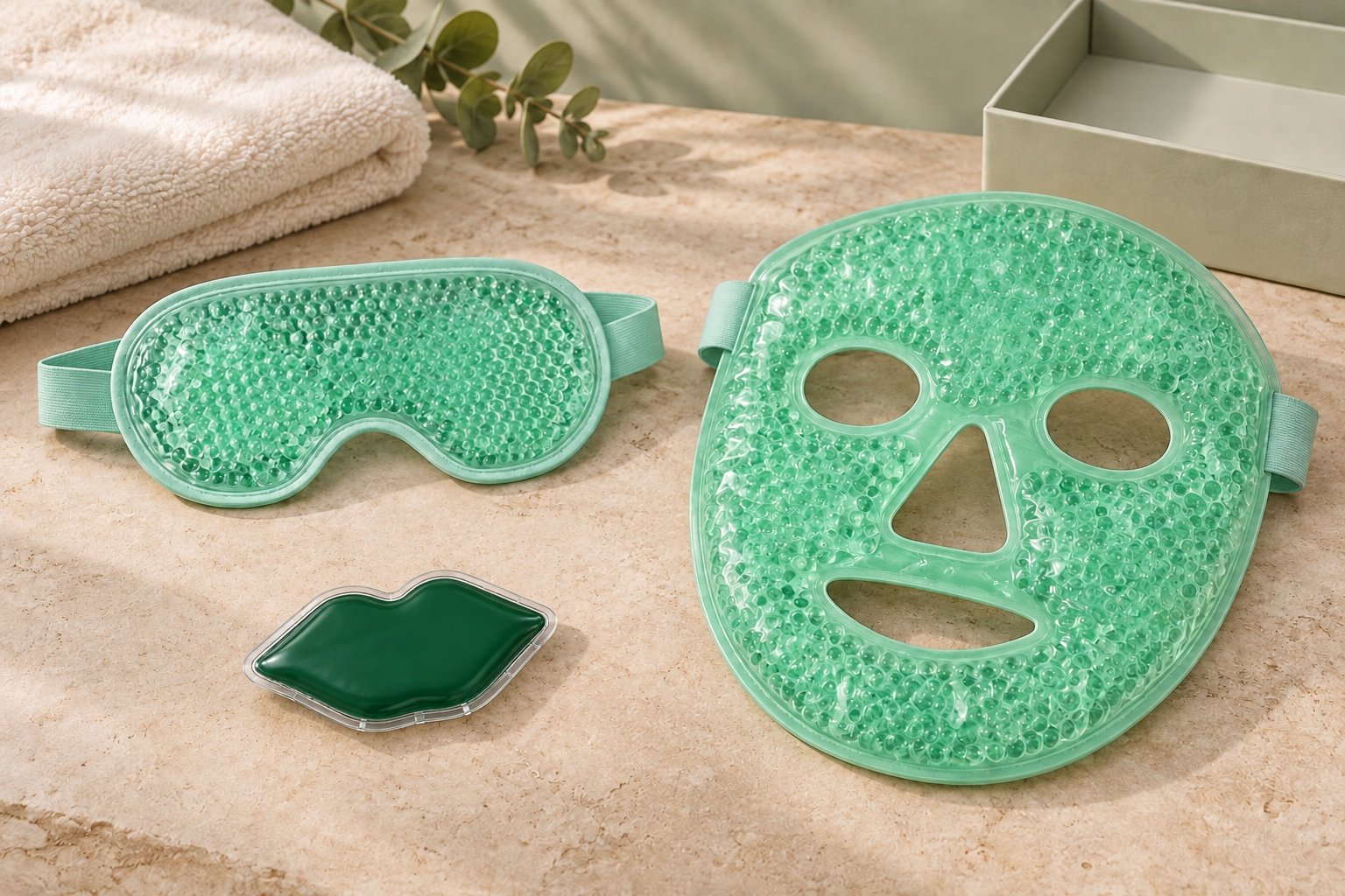 Full-face gel-bead mask and eye mask beside a smaller green lip-shaped gel pouch